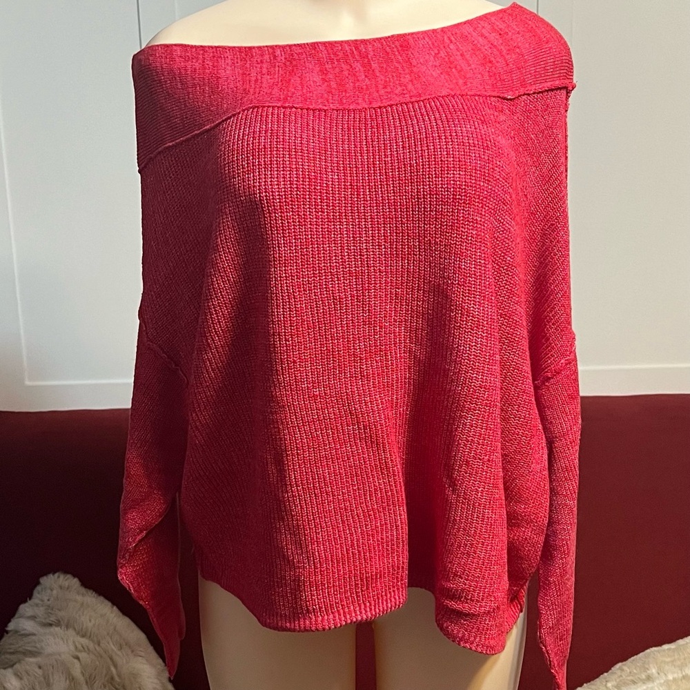 Free People Off The Shoulder Red White Knit Long Sleeve Sweater